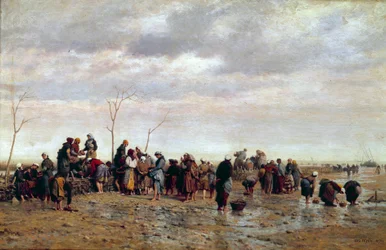 Merenpoistot. Osterikasvatus: naiset keräävät ostereita matalalla tammalla. Eugene Feyenin (1815-1908) maalaus