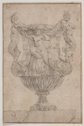 Koristeellinen maljakko, jossa Pan, faun ja nymfi. Kopioi Pl. 14 Salyn vuonna 1746 suunnittelemassa maljakosarjassa. "Vasa a se keksintö..."