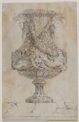 Koristeellinen maljakko, jossa kaksi päätä ja kaksi vesinymfiä. Kopioi Pl. 20 Salyn vuonna 1746 suunnittelemassa maljakosarjassa. "Vasa a se keksintö..."