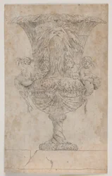 Koristeellinen maljakko kahdella putilla (merenneito?). Muokattu kopio (s. 9) Salyn vuonna 1746 piirtämien maljakoiden sarjassa. "Vasa a se keksintö..."