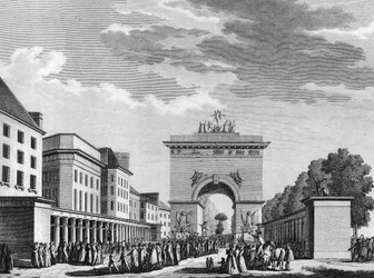 Ranskan vallankumous: Perustuslain hyväksyminen 3. syyskuuta 1791. Berthautin kaiverrus Swebachin mukaan. Pariisi, Vallankumouksen historian instituutin kirjasto