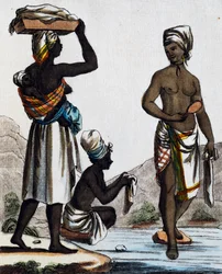 Pesunaiset Santo Domingosta, värikaiverrus Labroussen piirroksesta (aktiivinen 1796), Encyclopedie des Voyagesista, Jacques Grasset de Saint-Sauveur (1757-1810)