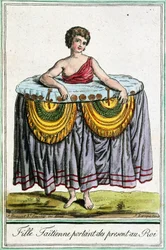 Nuori nainen tarjoaa lahjoja Tahitille, Society Islandsille, Jacques Grasset de Saint-Sauveurin (1757-1810) kaiverrus Encyclopedia of voyages -kirjasta