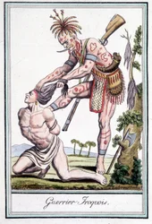 Irokeesisoturi skalpomassa vihollistaan - Grasset St Sauveurin, Pariisin "" Encyclopedia of travels -kirjassa"