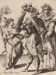 Silmät sidottu Amor, joka pitää soihtua pariskunnan edessä, Zacharias Dolendon käsialaa, 1595-6 (kaiverrus kerrostetulle paperille).