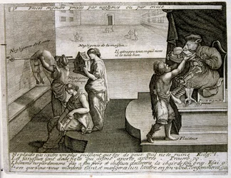 1600-luvun kaiverrettu kuvitus sananlaskujen kokoelmasta. Pariisi 1657-1663. Tekijä Jacques Lagniet (1620-1675). Ranskalainen kaivertaja. Häneltä on peräisin monia yhteiskuntakriittisiä kaiverruksia ja pilakuvia, kuten hänen toisinaan groteskit ja fantasti
