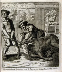 1600-luvun kaiverrettu kuvitus sananlaskujen kokoelmasta. Pariisi 1657-1663. Tekijä Jacques Lagniet (1620-1675). Ranskalainen kaivertaja. Häneltä on peräisin monia yhteiskuntakriittisiä kaiverruksia ja pilakuvia, kuten hänen toisinaan groteskit ja fantasti