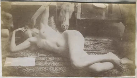 Studie van een vrouwelijk naaktmodel, liggend op een tijgervel, in het atelier van Jacques de Lalaing