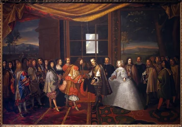 Kolmikymmenvuotinen sota: "" Ranskan kuninkaan Ludvig XIV:n (1638-1715) ja Espanjan Filip IV:n (1605-1665) haastattelu Paisansin saarella 7.11.1659" Espanja suostuu allekirjoittamaan sopimuksen Pyreneet. Philip IV:n tytär Marie Therese (Marie-Therese)