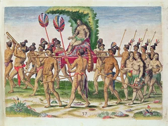 Morsian kuljetetaan päälliköksi, teoksesta "Brevis Narratio...", kaivertanut Theodore de Bry (1528-98), julkaistu Frankfurtissa, 1591 (värillinen kaiverrus)