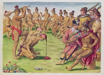Kuinka vartijaa kohdeltiin huolimattomuudesta, "Brevis Narratio...", kaivertanut Theodore de Bry (1528-98), julkaistu Frankfurtissa, 1591