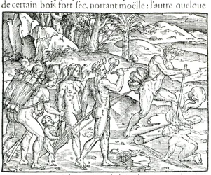 Amerikan intiaani tekemässä tulta metsästyksen jälkeen, kaiverrettu Theodor de Bry (1525-75).
