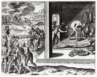 Intialaiset hautajaisrituaalit, "Americae", kirjoittanut ja kaivertanut Theodor de Bry (1525-75), 1602