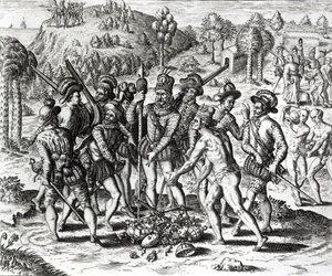 Espanjalaiset vastaanottamassa lahjoja intialaisista, "Historia", 1598, kaiverrus Theodor de Bry (1528-98)