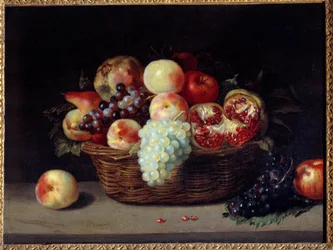 Kranaatteja, persikoita ja viinirypäleitä sisältävä kori Jacques Linardin maalaus (1600-1645) 1600-luvun aurinko. 0,46x0,61 m