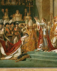 Napoleon I:n kruunajaiset, keisarinna Joséphine polvillaan Napoleonin edessä ...