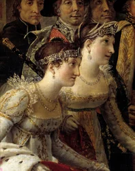 Napoleonin kruunajaiset. Yksityiskohta, jossa ovat Madame de La Rochefoucauld ja Madame Lavalette keisari Napoleon I Bonaparten vihkimisen ja keisarinna Joséphinen kruunauksen aikana Pariisin Notre-Damessa 2. joulukuuta