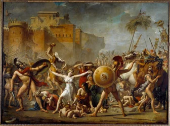 Sabiinit seisomassa roomalaisten aviomiestensä (oikealla) ja sabiiniveljensä (vasemmalla) välillä näyttäen heille lapsiaan - Jacques-Louis (Jacques Louis) Davidin (1748-1825) maalaus