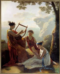 Kreikkalainen runoilija Sapho (Sappho) soittamassa lyyraa ja kaksi hänen toveriaan Jacques Louis Grandinin (1780-?) maalaus 1808 Pariisi, Musee Marmottan