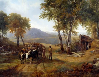Puunhakkurit yksityiskohtametsässä. Raymond Brascassatin (1804-1867) maalaus 1832 Nantes, Musee des Beaux Arts