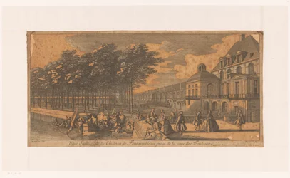 Gezicht op een laan bij de Cour de la Fontaine van kasteel Fontainebleau Näkymä Château Fontainebleaun siivestä Cour des Fontaines -kadulta (otsikko esineessä)