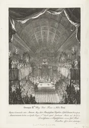 Huwelijk van Willem IV tapasi prinssit Annan, 1734 George II Mag: Brit: Franc: & Hiber. Kuninkaan hääseremonia Annen (...) ja Williamin (...) välillä Tiistai 14.: Ano: 1733 (...) (otsikko esineessä)