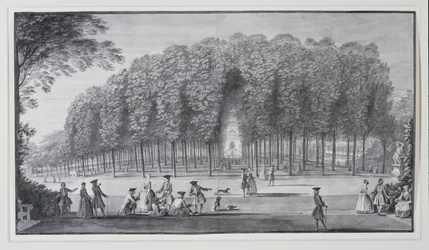 "The Poplar Grove, Lord Burlingtonin Chiswick Villa" (kynä ja muste vesivärillä paperille)