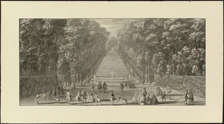 Vue de la Grande Cascade dans les jardins de Marly (musta liitu, tussi ja musta muste, harmaa pesu)