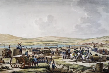 Napoleon vierailee piiritystöissä Danzigissa marsalkka Lefebvren johdolla (9. toukokuuta 1807), kaiverrus Francois Jacques Dequevauviller (1783-1848), piirustus Jacques Francois Joseph Swebach-Desfontaines (1769-1823)