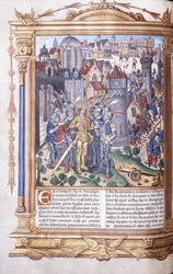 Valaistu käsikirjoitus, joka kuvaa kuningasta ja hänen armeijaansa ennen kaupunkia, 1503-04