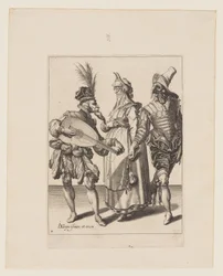 Pariskunta, jota puhuttelee luuttusoittaja, teoksesta The Masquerades (Naamiaiset)