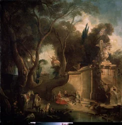 ""Lepää metsästyksen jälkeen" (Rest after the Hunt) Aateliston ilot metsästysseurueen jälkeen, nainen keinussa, piknikpaikka (piknik) maaseutu. Jacques de Lajouen (1686-1761) maalaus 1730 Pushkin-museo, Moskova