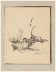 Piirustus, Suunnitelma veneen ja purjeen muotoista kilpeä varten Recueil Nouveau de Differens Cartouches -julkaisuun, 1734.