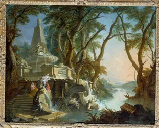 Maisema säveltää tai "joen" Pyramidin muotoinen suihkulähde Neptunuksen patsas rikki. Jacques de Lajouen (1686-1761) maalaus 1700-luvun aurinko. 0,81 x 1,01 m