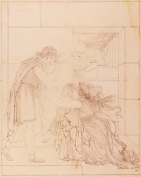 Andromaque Pyrrhusin jaloilla, kuvitus Andromaquelle Jean Racine (1639-1699), Jacques de Seve (1742-1788), piirustus