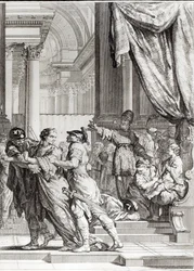Jehoiada, Jerusalemin ylipappi julistamassa prinssi Joashin Juudan kuninkaaksi, Jean-Jacques Flipartin (1719-82) kaivertama kohtaus Jean Racinen (1639-99) "Athalie"sta