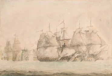 St. Vincentin taistelu, jossa Nelson kapteenina nousi kahden taistelulinjan aluksen laivaan ja valtasi ne 14. helmikuuta 1797.