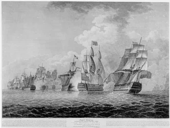 H.M.S. "Victory" ryöstääkseen "Salvador del Munde" -meritaistelun Cape St. Vincentin edustalla vuonna 1797, kaiverruksen James Fittler (1758-1835) pubi. 1798