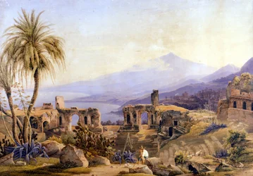 Taormina Sisiliassa: rauniot ja Etna. Jacob Suterin maalaus, noin 1850.