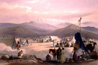 Dadurin leirintäalue Bolanin solan sisäänkäynnillä, kirjasta "Sketches in Afghanistan", kaiverrus Charles Haghe (1810-88) ja Louis Haghe (1806-85), julkaisija Henry Graves