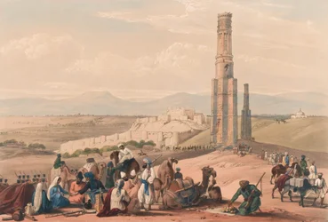Ghuzneen linnoitus ja linnoitus [sic] ja kaksi minaaria, n. 1839 (litografia, sävytetty)