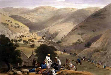 The Third Descent of the Koojah Pass, teoksesta "Sketches in Afghaunistan", kaiverrettu Charles Haghe (1810-88) ja Louis Haghe (1806-85), julkaisija Henry Graves