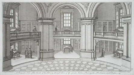 Sisäkuva teoksesta "Plans, Sections, and Elevations of the Radcliffe Library", kaiverrettu Pierre Fourdrinier (k.1758), julkaistu 1747 (kaiverrus)