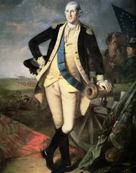 Kenraali George Washington (1732-1799) Yorktownissa, Virginiassa (värilitho)