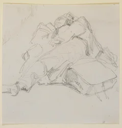 Mies nukkumassa matkatavarakasalla, 1858.