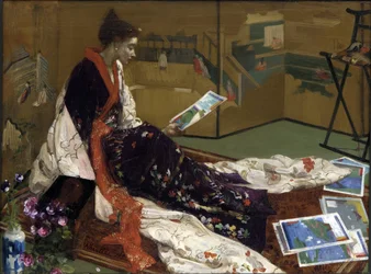""Caprice purppurassa ja kullassa: kultainen sermi"" Nuori nainen pukeutunut japanilaistyyliin kimonoon ja katselee printtejä - (japanilaisuus) James Abbott McNeill Whistlerin (1834-1903) maalaus 1864 Freer Gallery of Art, Washington, Yhdysvallat