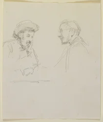 Kahden miehen päät, n. 1855-1859 (kynä luonnonvalkoiselle kudottupaperille)