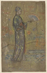 Japanilainen nainen maalaa tuuletinta, n. 1872 (musta liitu ja pastelli)