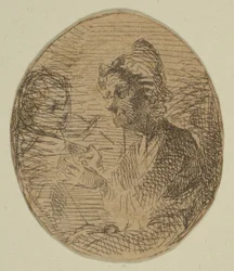 Vanha nainen ja lapsi soikeassa luonnoksista rannikkomittauslevyllä, 1854-55.