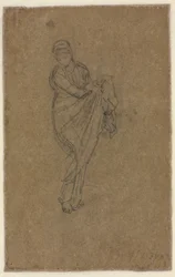 Pysyvä nainen pitelemässä mekkoaan, c. 1872.